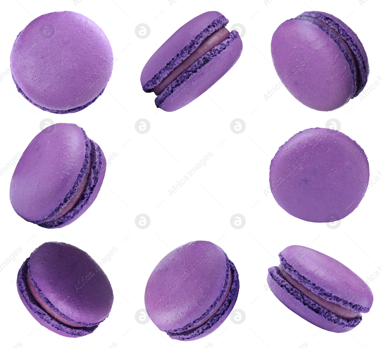 Image of Frame made of delicious macarons on white background