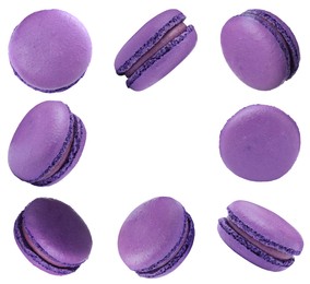 Image of Frame made of delicious macarons on white background