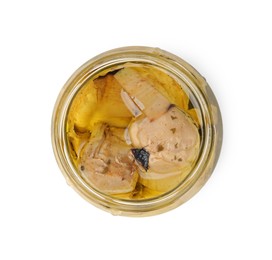Photo of Open jar of delicious artichokes pickled in olive oil isolated on white, top view