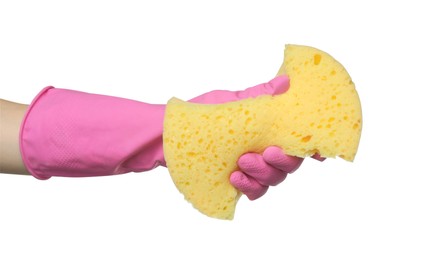 Photo of Cleaner in rubber glove holding new yellow sponge on white background, closeup