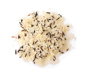 Photo of Mix of brown and polished rice isolated on white, top view