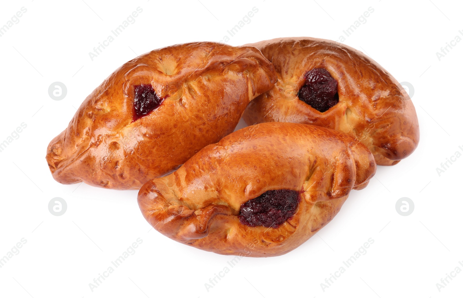 Photo of Delicious baked patties with cherry on white background, top view