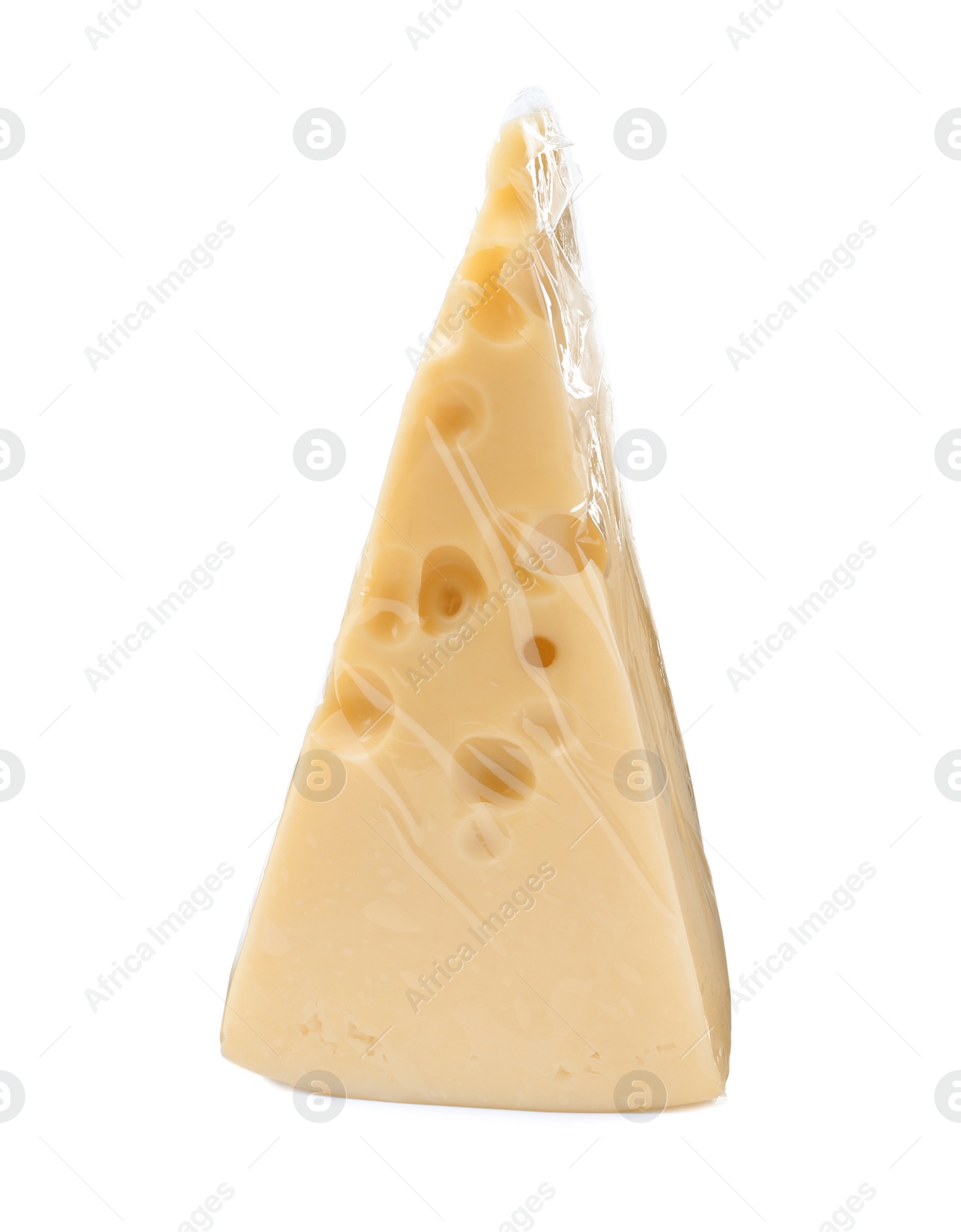 Photo of Cheese wrapped with transparent plastic stretch film isolated on white