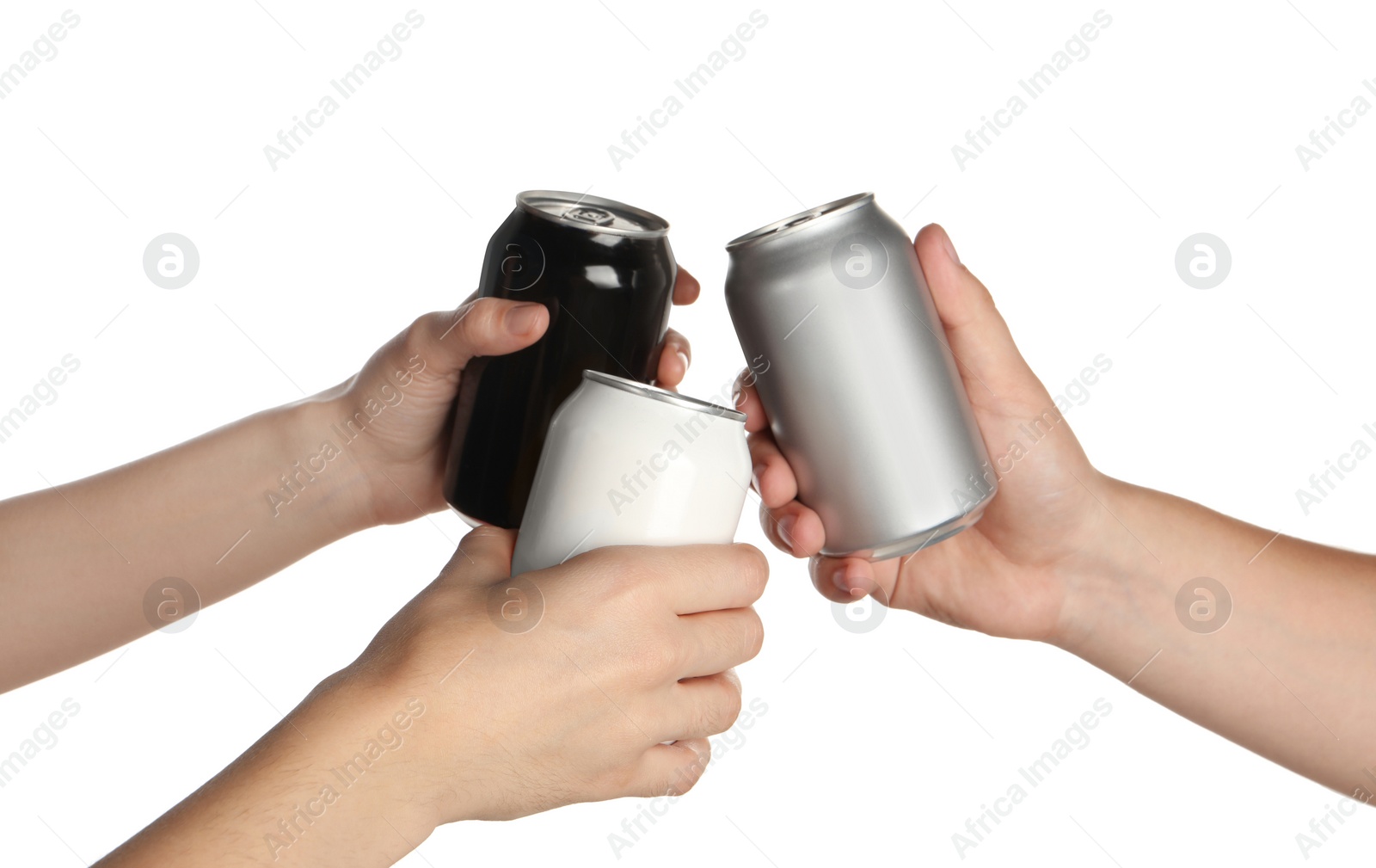 Photo of Friends clinking different cans on white background, closeup