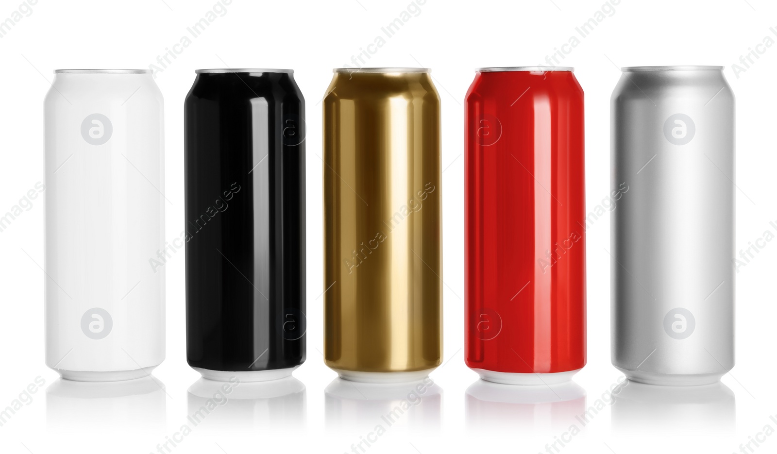 Photo of Set of aluminum cans with drinks on white background