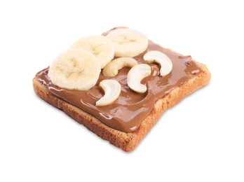Photo of Toast with tasty nut butter, banana slices and cashews isolated on white
