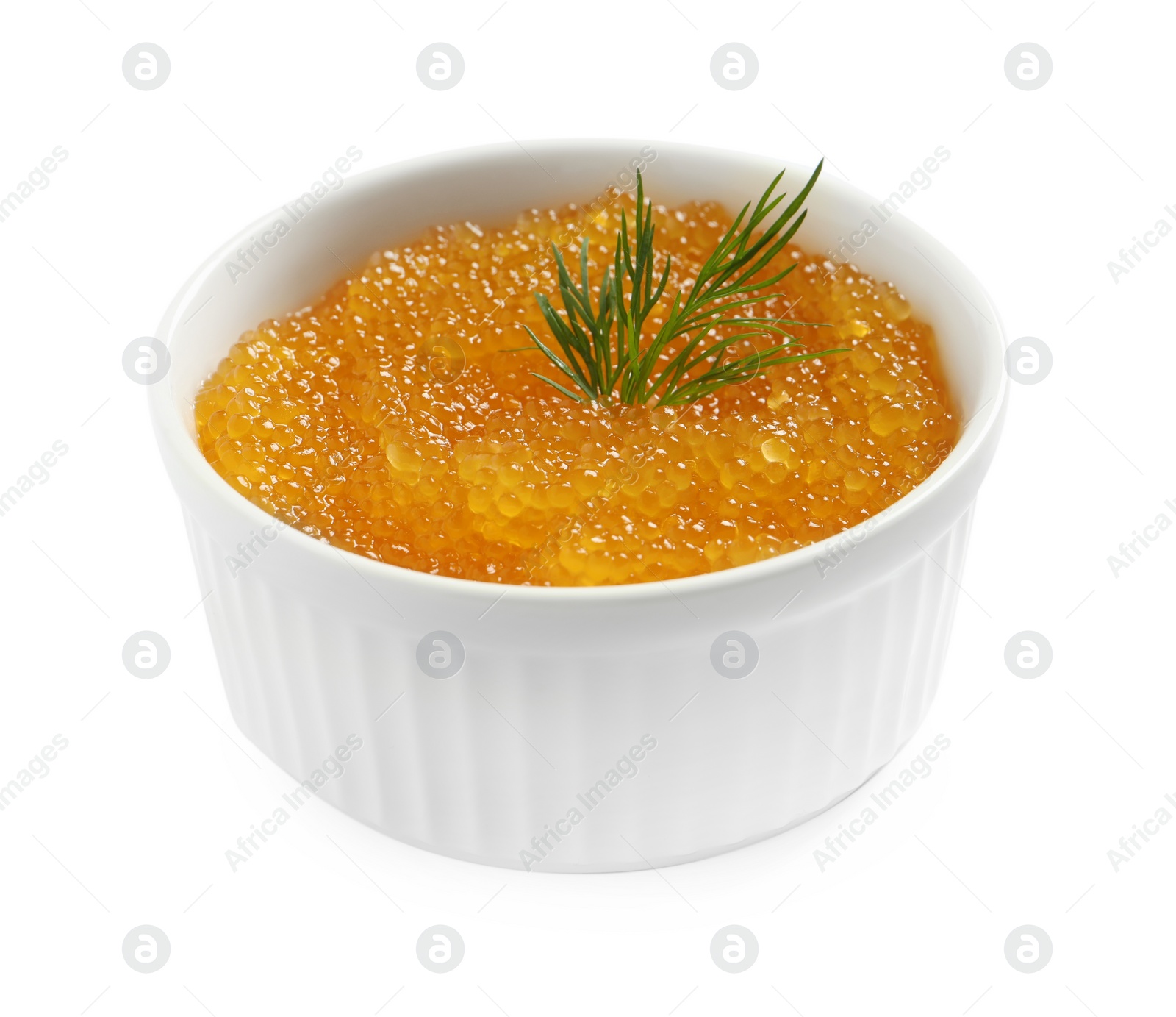 Photo of Fresh pike caviar and dill in bowl isolated on white