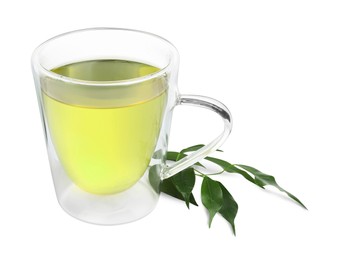 Fresh green tea in glass mug and leaves isolated on white