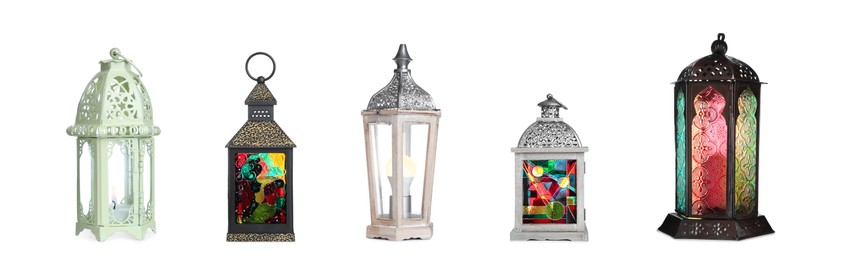Image of Set with different traditional Arabic lanterns on white background. Banner design