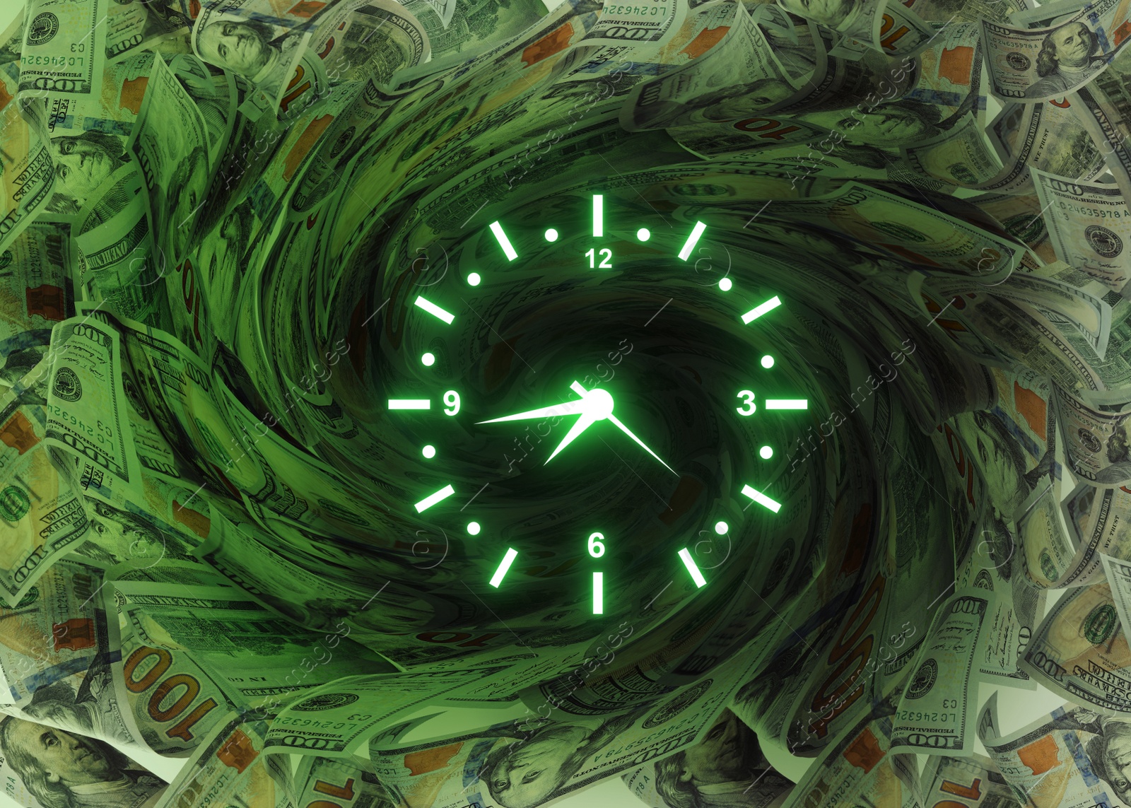 Image of Time is money. ILlustration of clock and many dollar banknotes