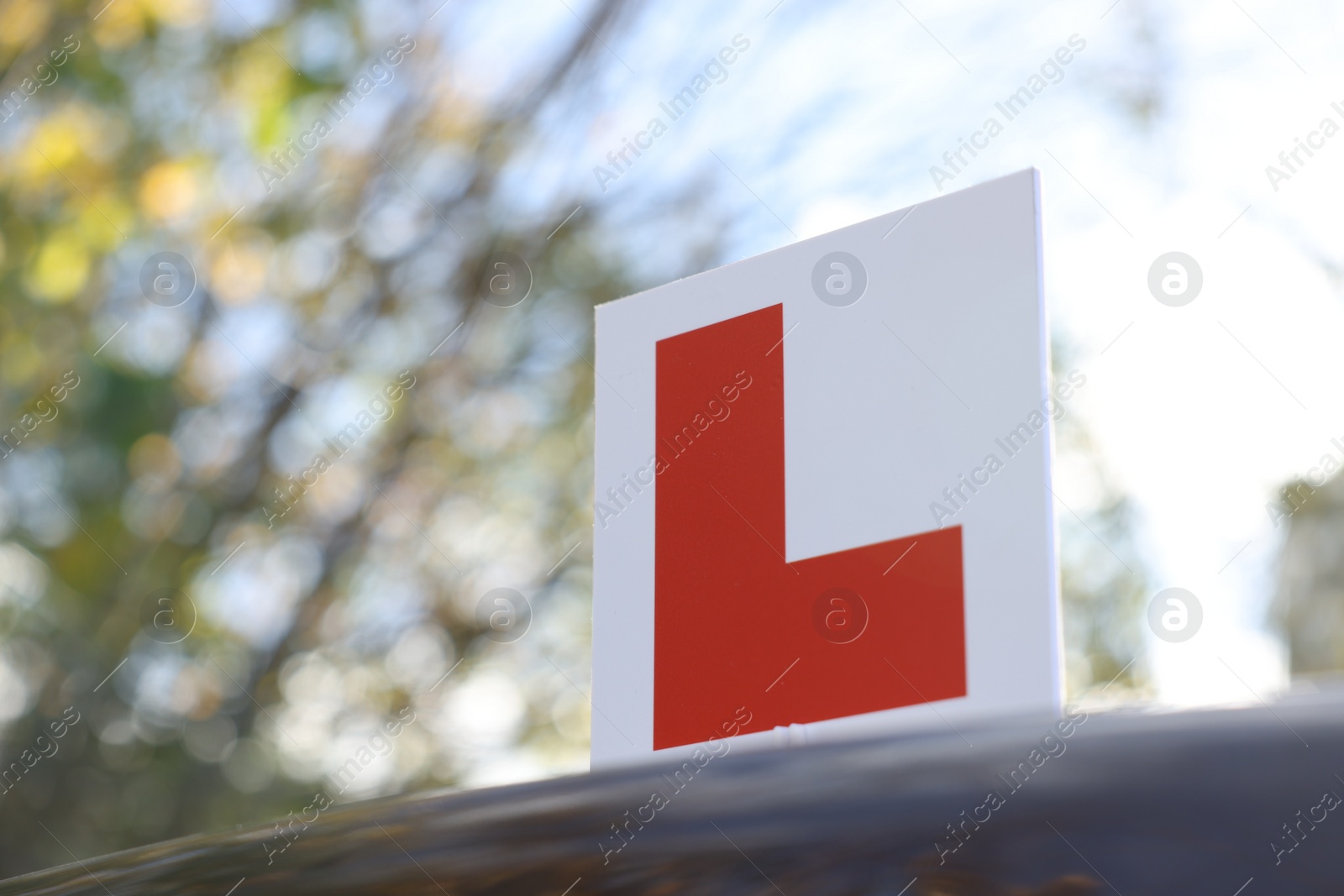 Photo of L-plate on car outdoors, space for text. Driving school