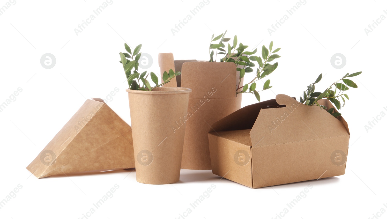 Photo of Eco friendly packaging. Disposable food containers and twigs isolated on white