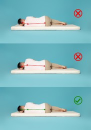 Collage with photos of man lying on mattress. Wrong and correct sleeping posture. Choose right mattress