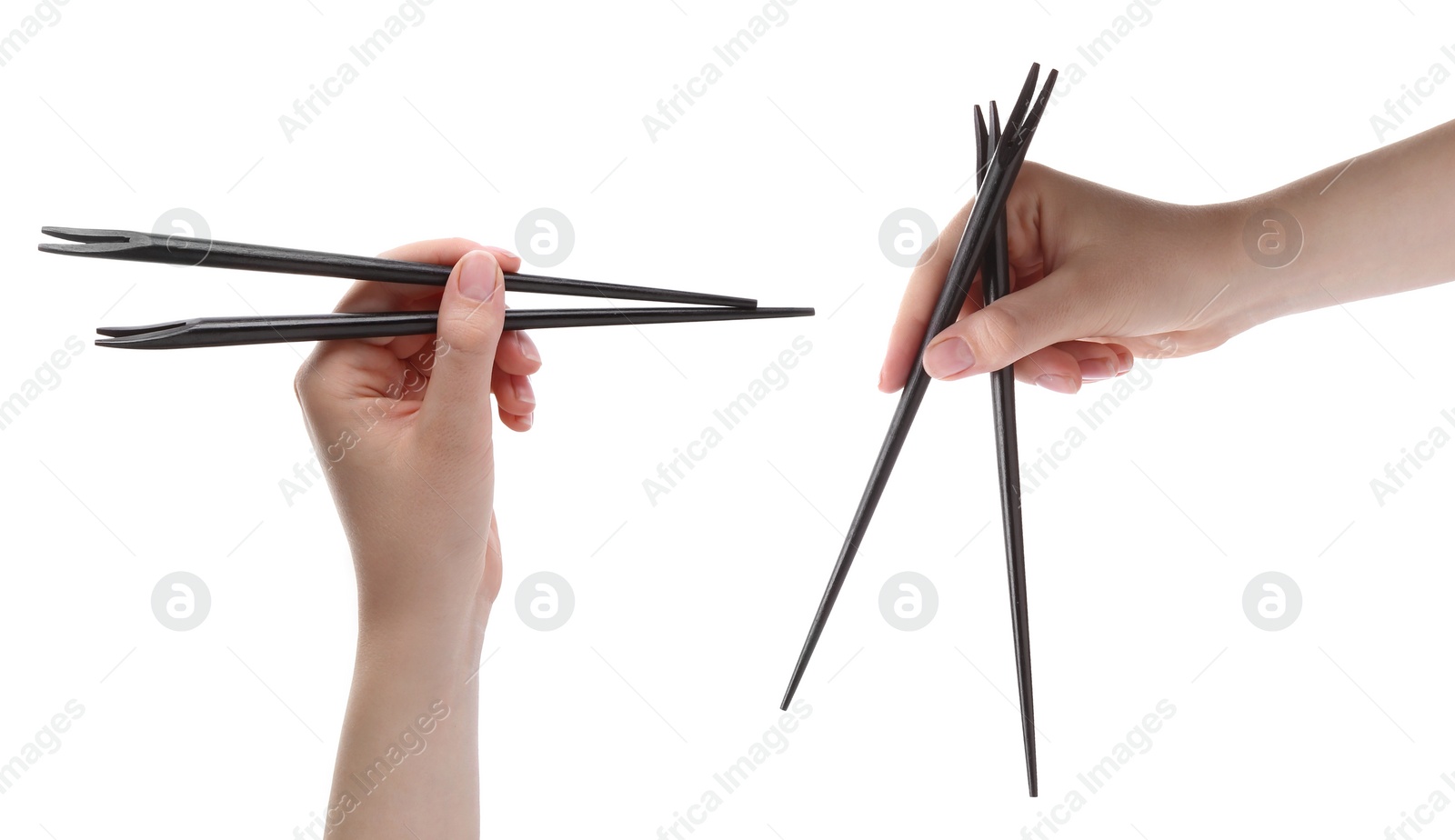 Image of Woman holding chopsticks isolated on white, closeup. Collage with photos