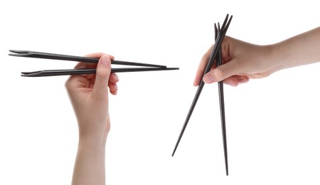 Image of Woman holding chopsticks isolated on white, closeup. Collage with photos