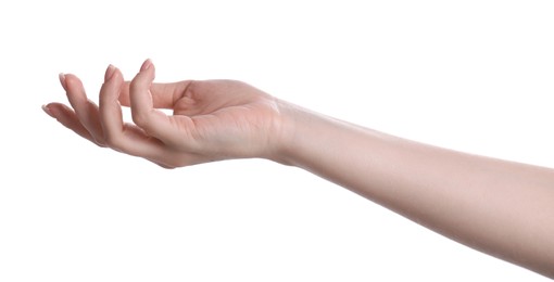 Photo of Woman holding something on white background, closeup