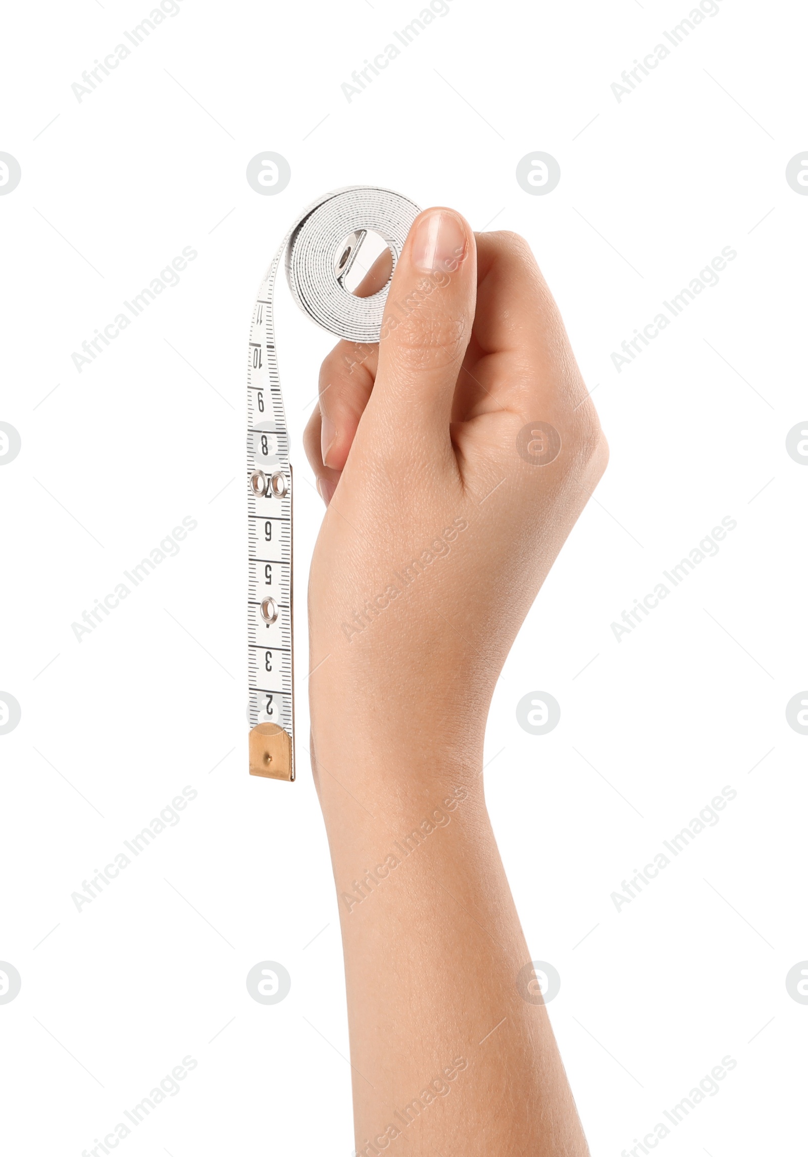 Photo of Woman holding measuring tape on white background, closeup