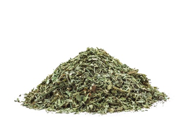 Photo of Pile of dried parsley on white background