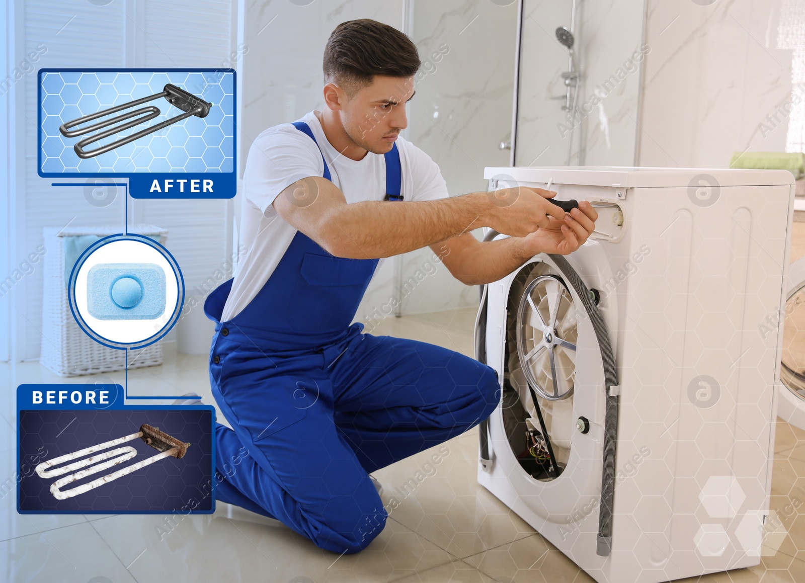 Image of Heating element before and after using water softener tablet. Plumber repairing washing machine