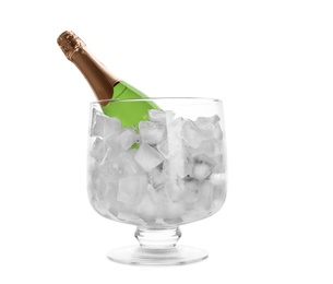 Bottle of champagne in vase with ice on white background