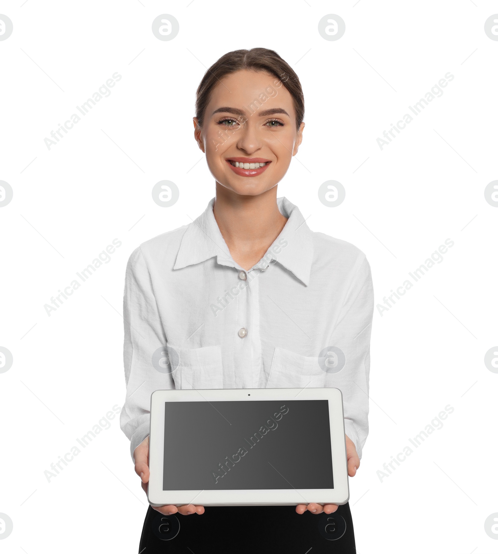 Photo of Portrait of hostess with tablet on white background