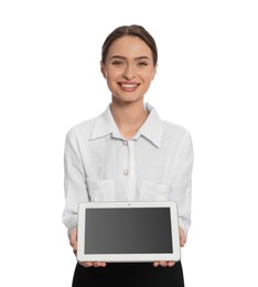 Photo of Portrait of hostess with tablet on white background