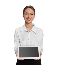 Portrait of hostess with tablet on white background