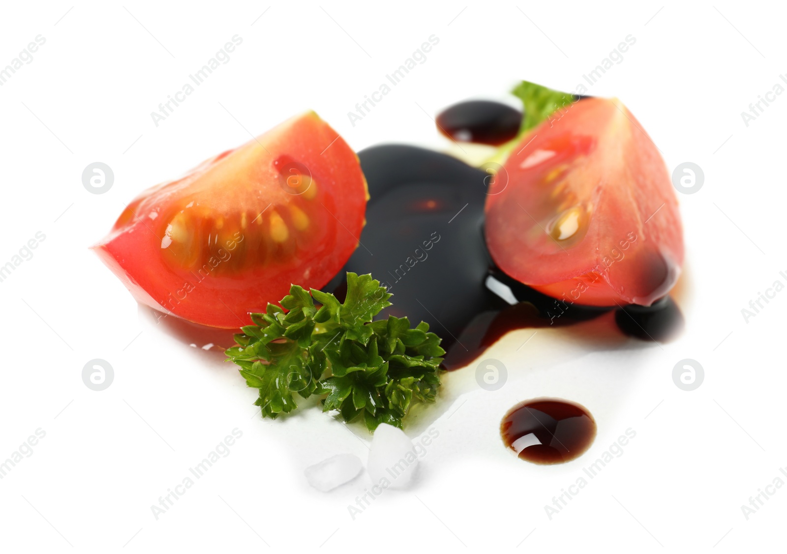 Photo of Composition with balsamic vinegar isolated on white. Salad dressing