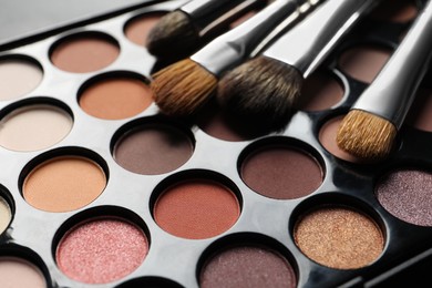 Photo of Beautiful eye shadow palette with brushes, closeup