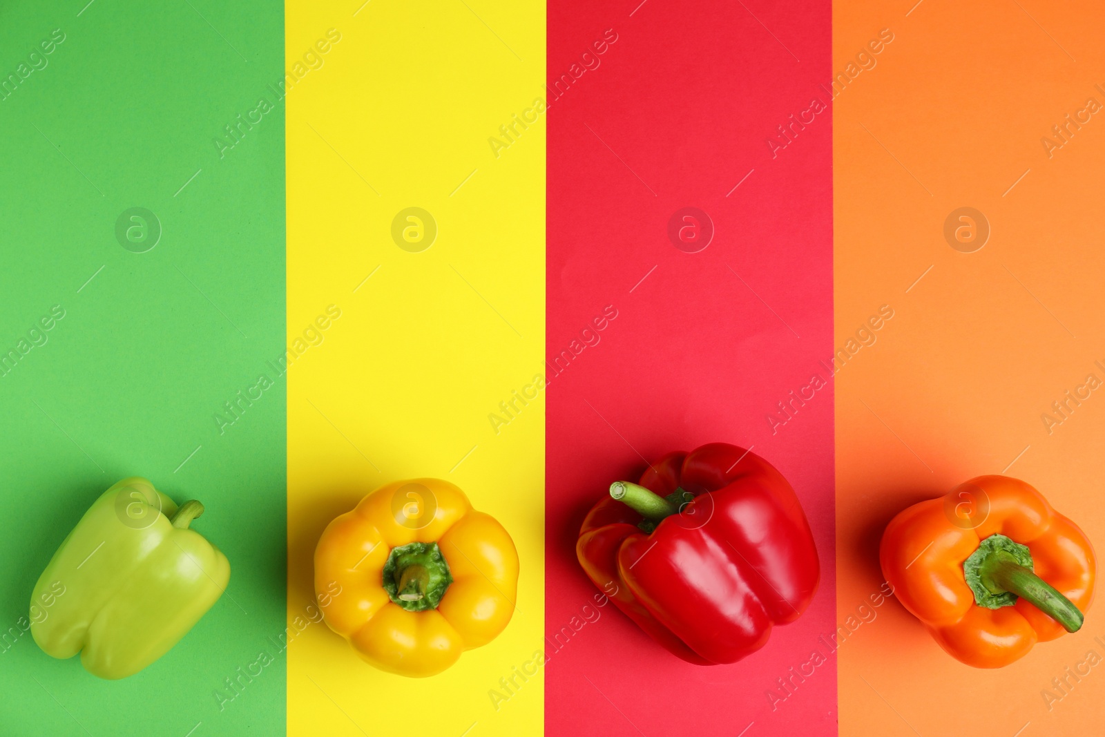 Photo of Flat lay composition with ripe bell peppers on color background