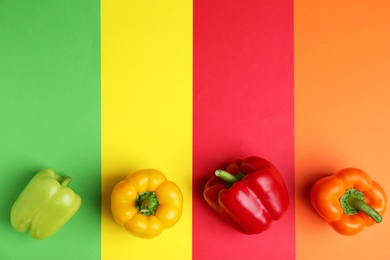 Flat lay composition with ripe bell peppers on color background