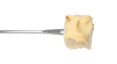 Photo of Tasty fondue. Fork with piece of bread and melted cheese isolated on white