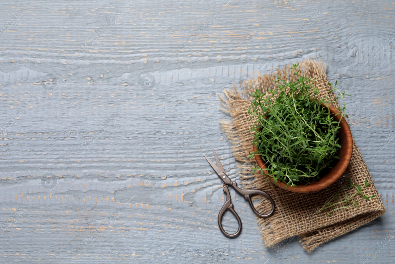 Photo of Bowl of aromatic thyme, scissors and sack cloth on grey wooden table, flat lay. Space for text