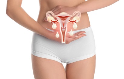 Image of Woman holding virtual image of female reproductive system on white background. Vaginal yeast infection