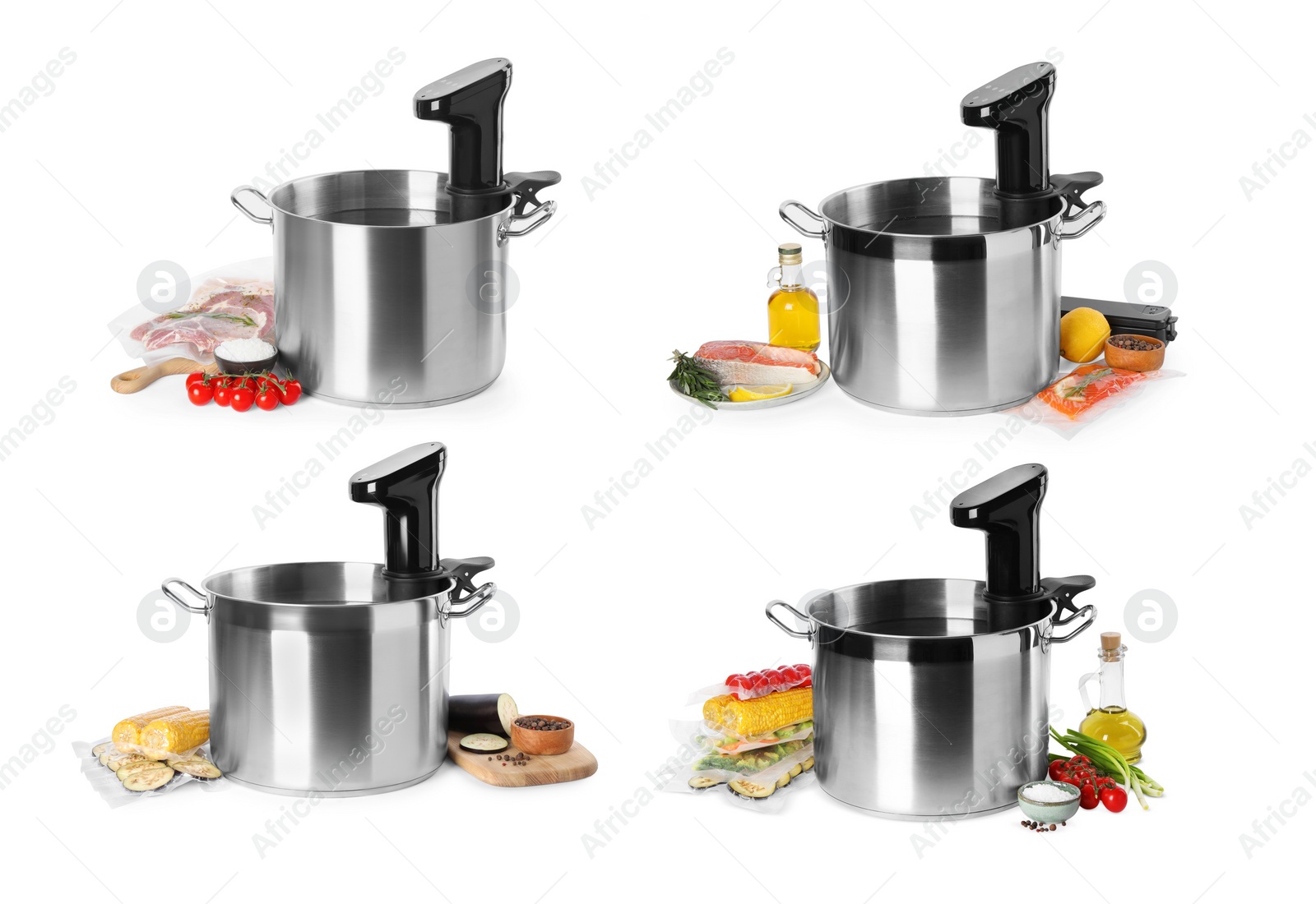 Image of Collage with sous vide cooker in pot and vacuum packed products isolated on white. Thermal immersion circulator