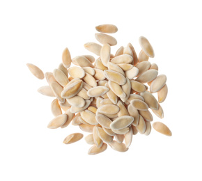 Pile of raw melon seeds on white background, top view. Vegetable planting