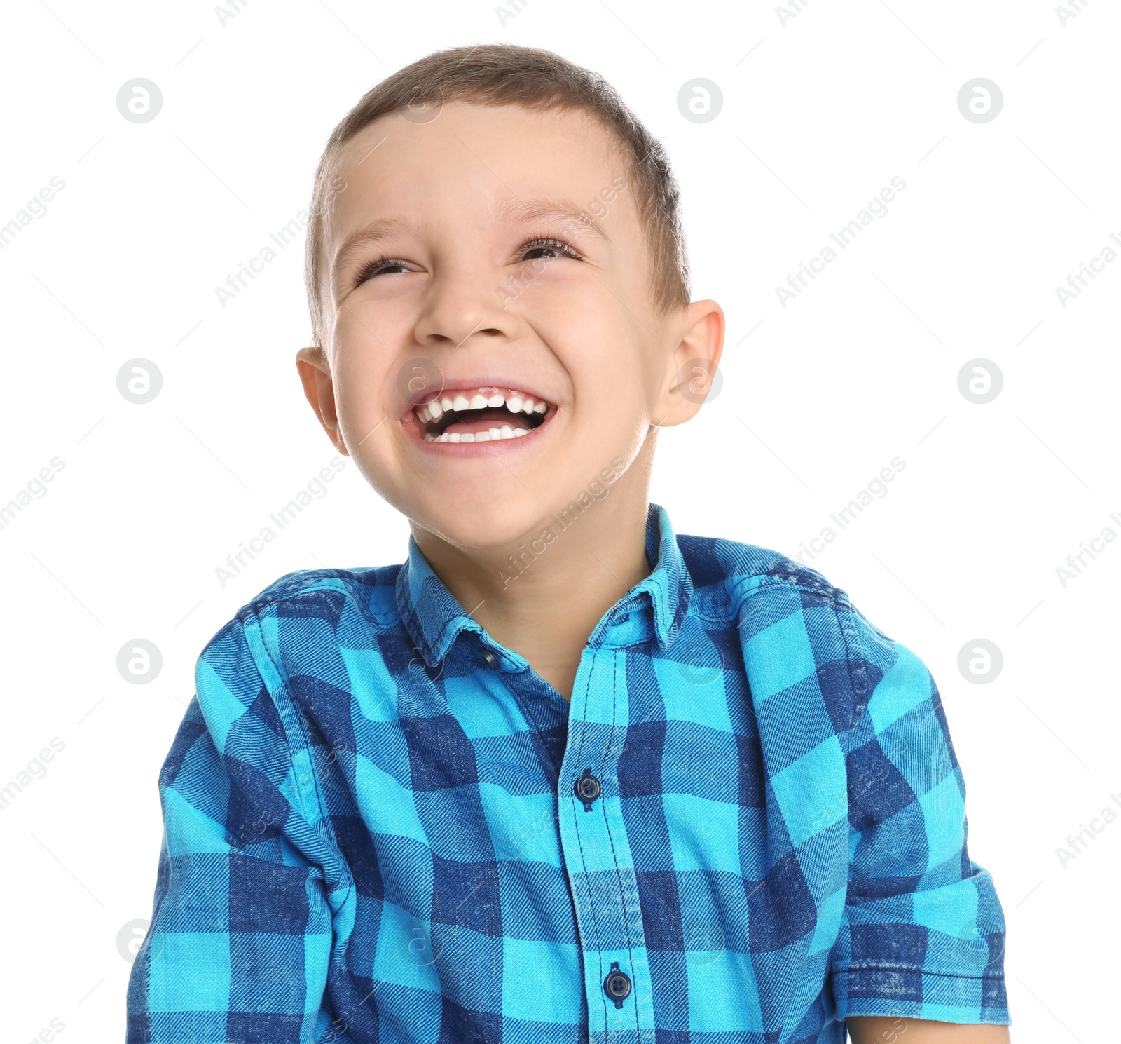 Photo of Portrait of cute little boy on white background