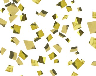 Image of Shiny golden confetti falling on white background