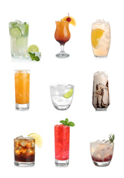 Image of Set of different delicious cocktails with ice cubes on white background