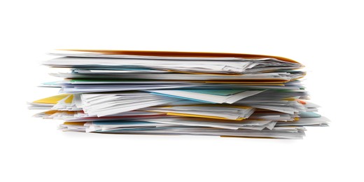 Stack of different files with documents on white background