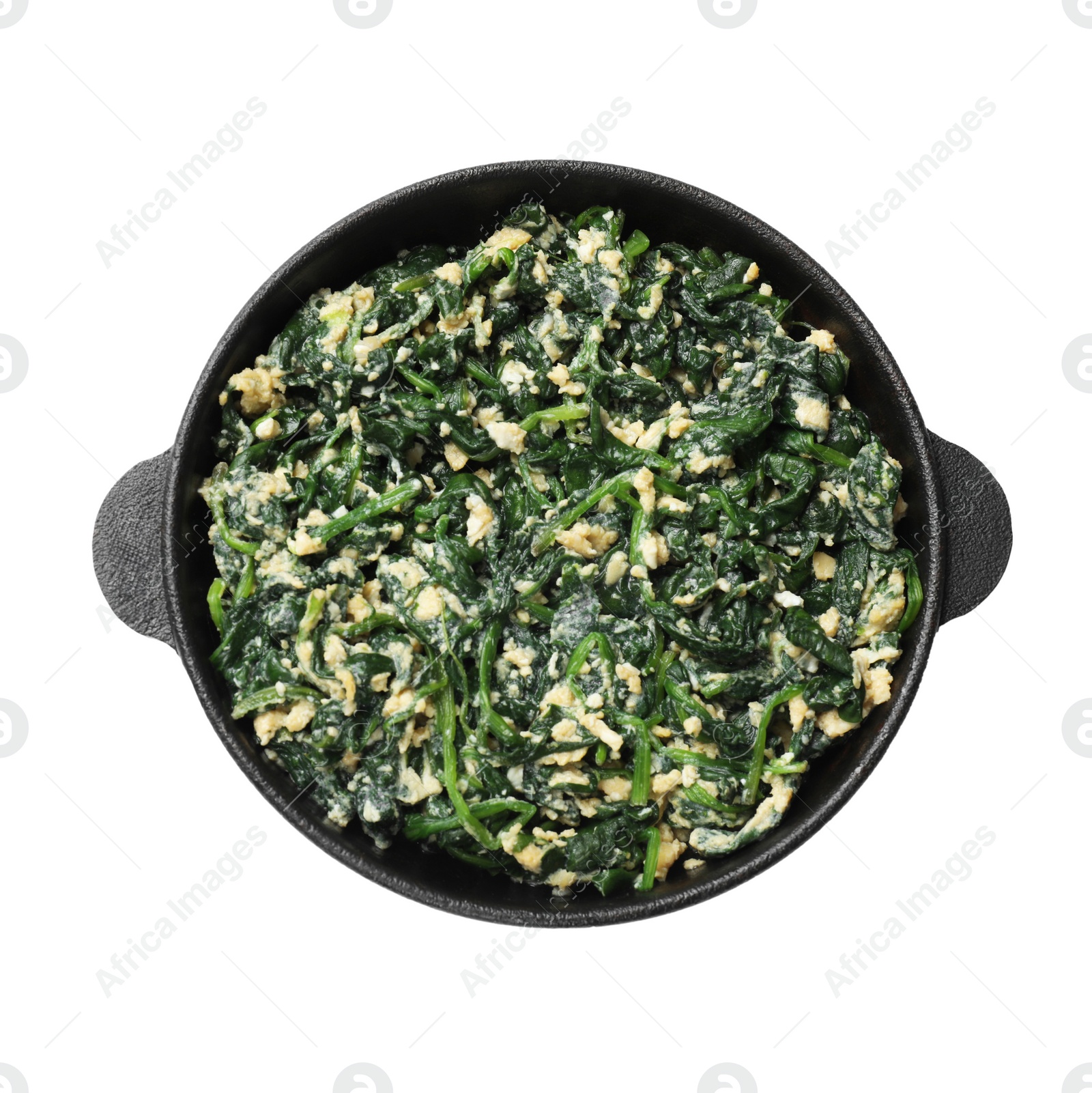 Photo of Tasty spinach dip with eggs in dish isolated on white, top view