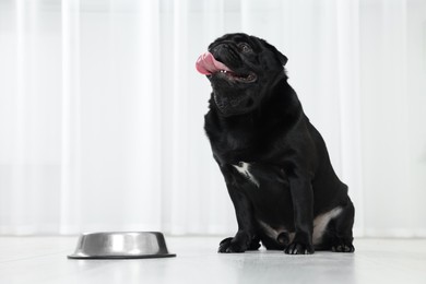 Photo of Cute Pug dog eating from metal bowl in room, space for text