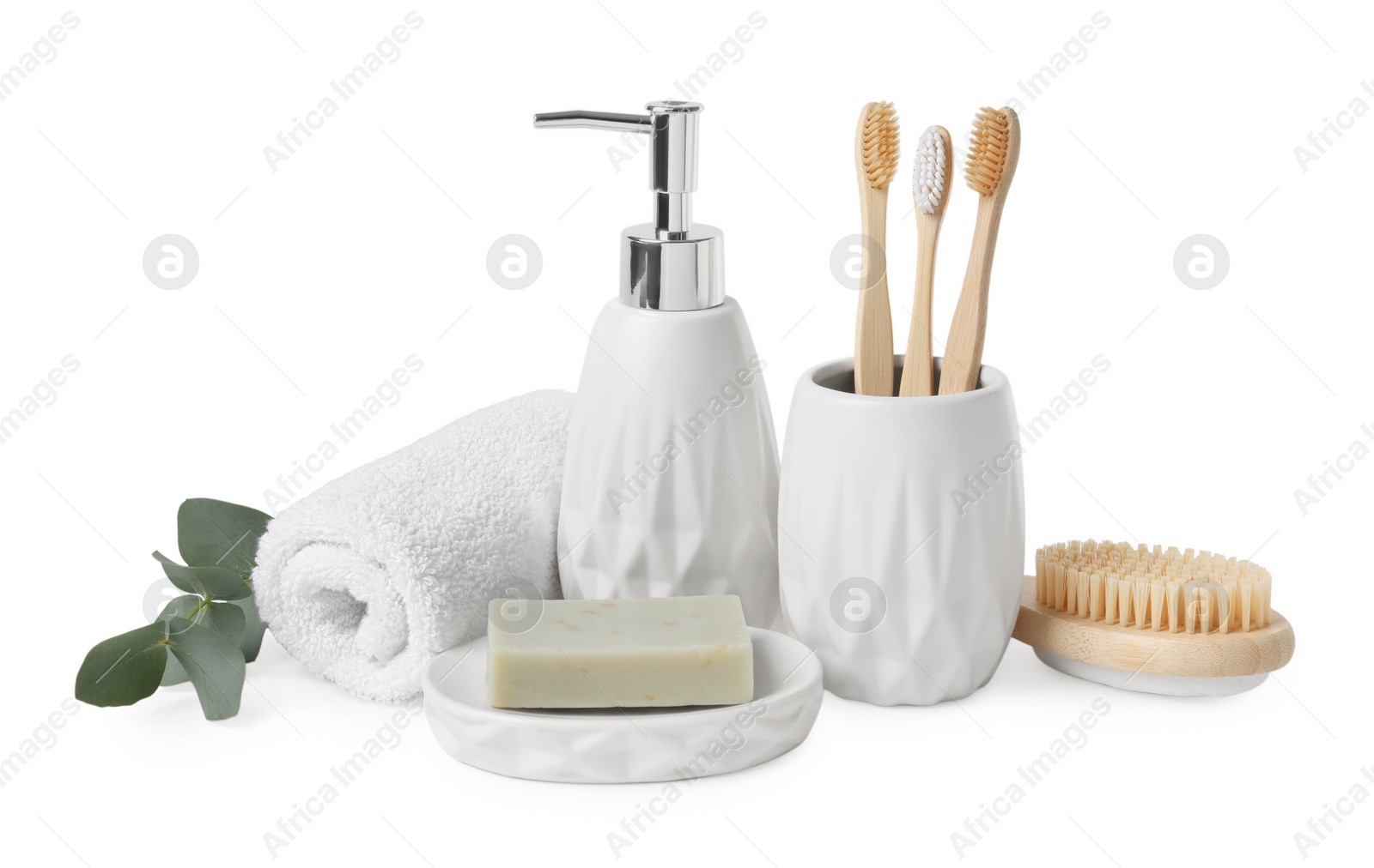 Photo of Bath accessories. Set of different personal care products and eucalyptus leaves isolated on white