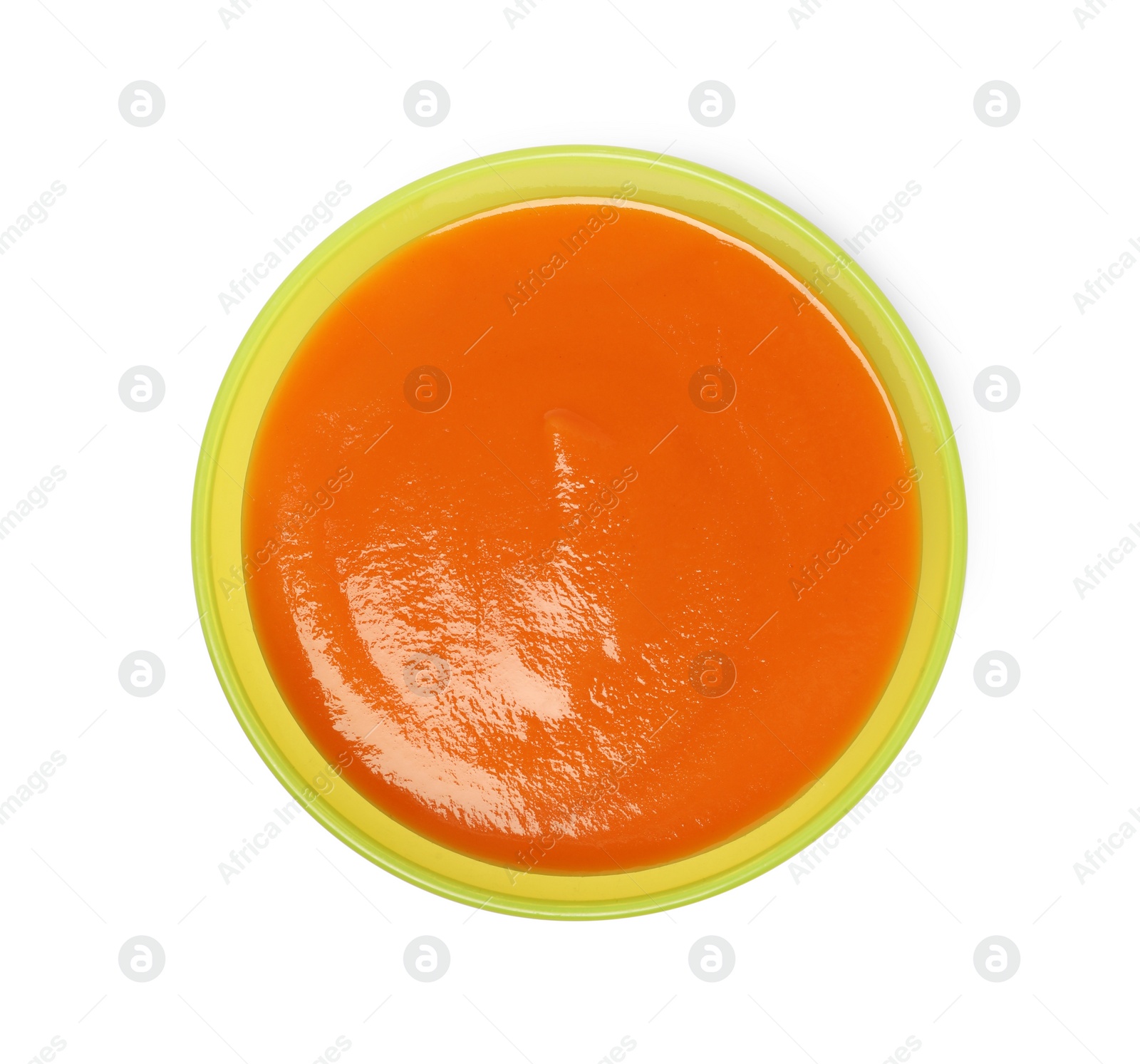 Photo of Delicious baby food in bowl isolated on white, top view