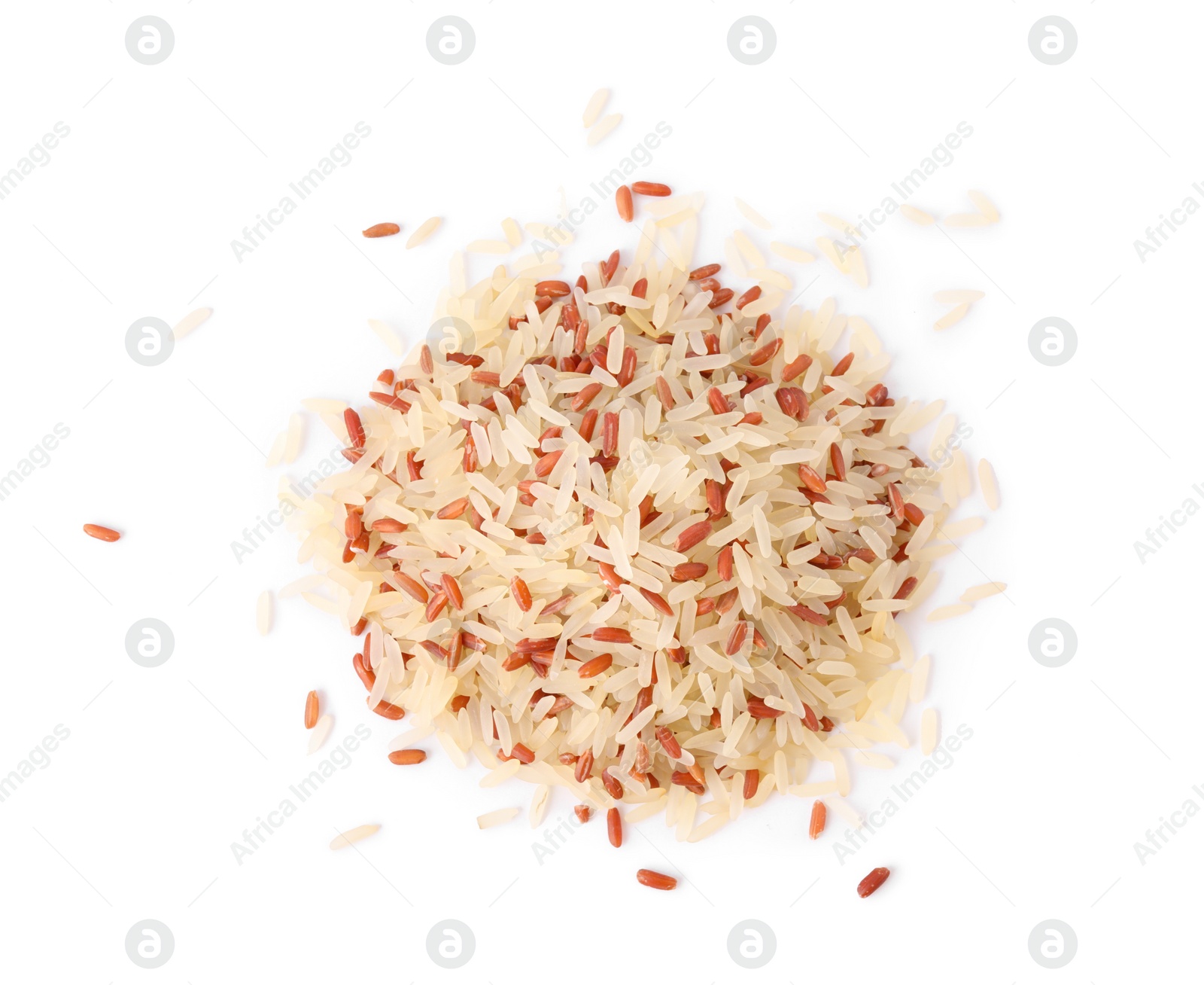 Photo of Mix of brown and polished rice isolated on white, top view