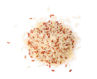 Photo of Mix of brown and polished rice isolated on white, top view