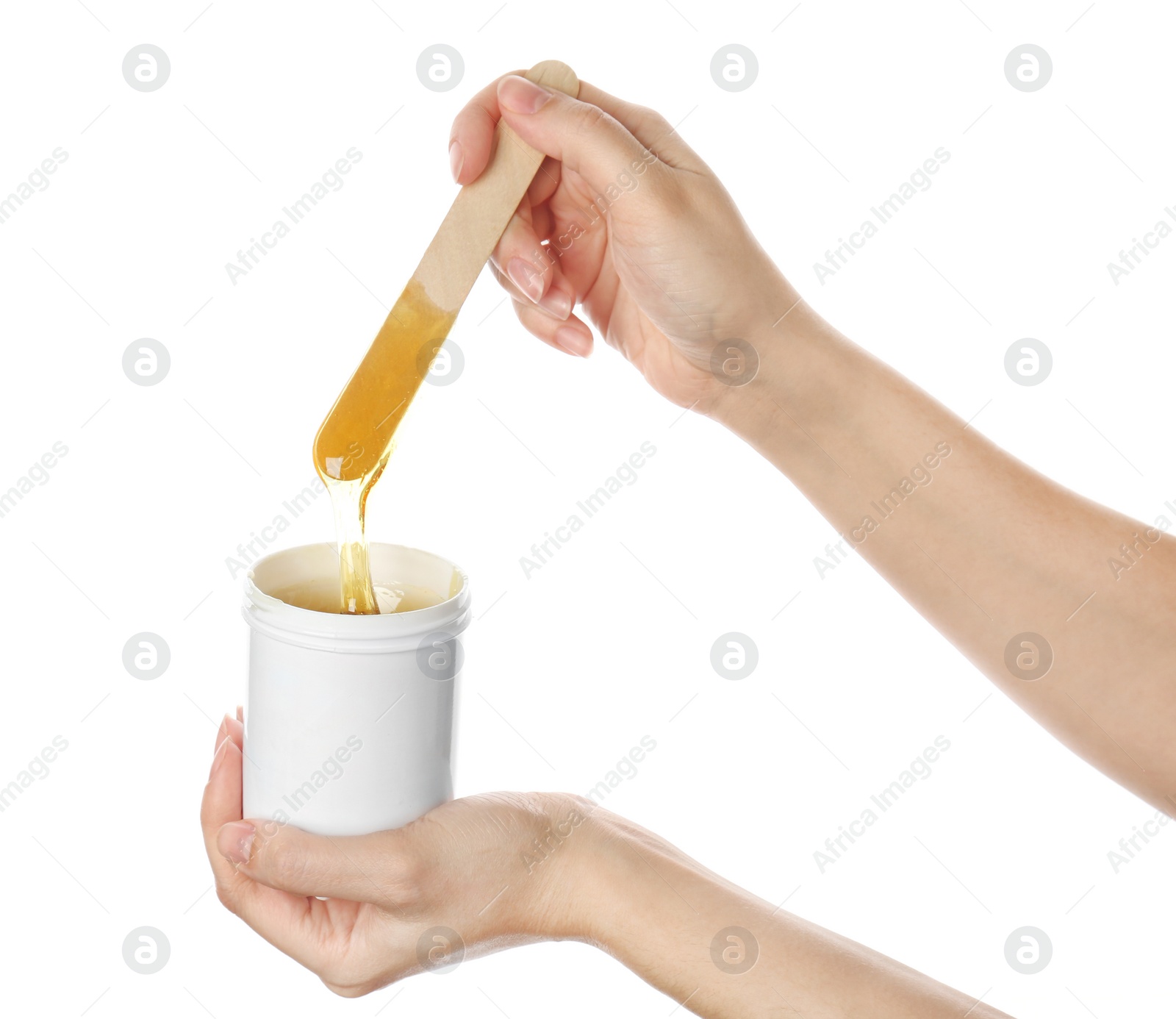 Photo of Woman with wooden stick and sugaring paste on white background, closeup