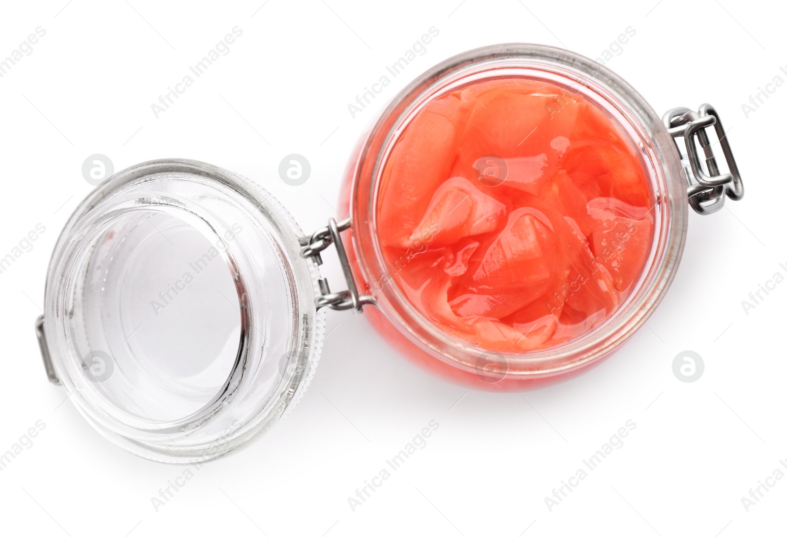 Photo of Pickled ginger in jar isolated on white, top view