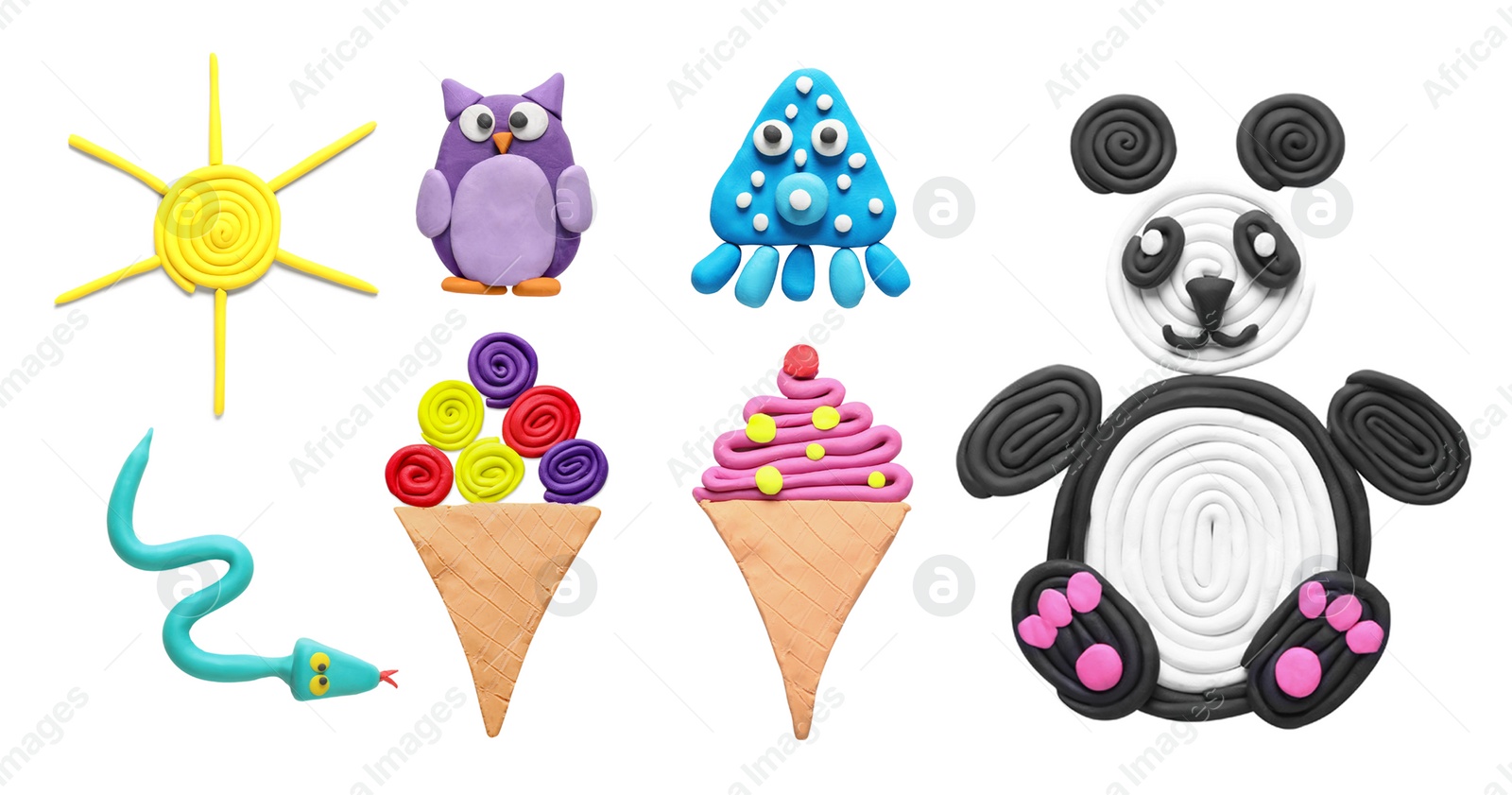 Image of Set with different colorful child's crafts of plasticine on white background, top view