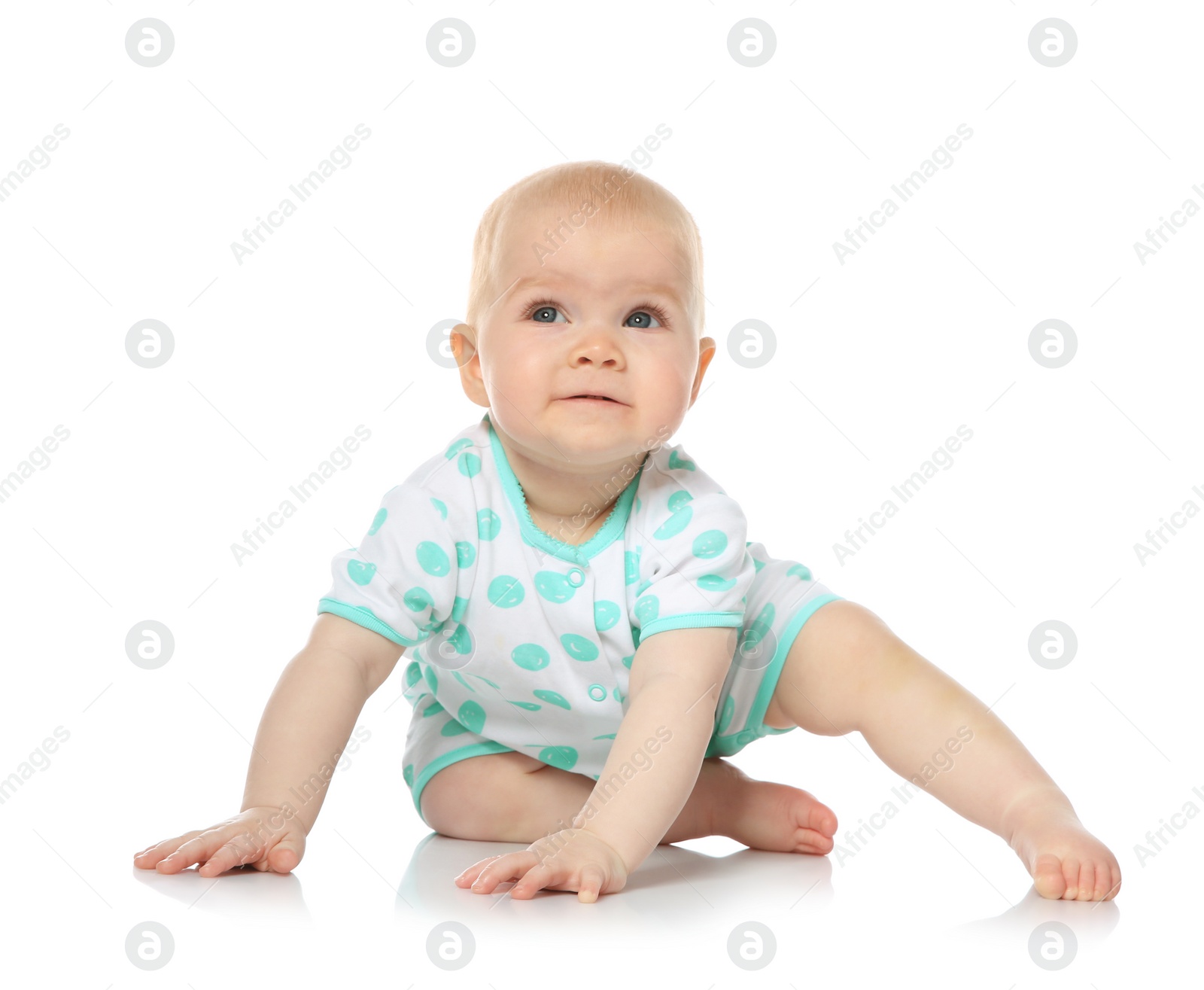 Photo of Cute little baby crawling on white background